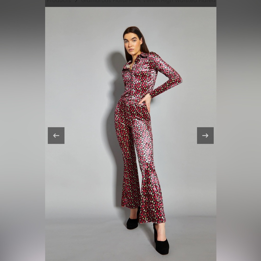 EUC Glamorous Floral Print co ord Velvet High Waisted Flared Trousers + blouse
